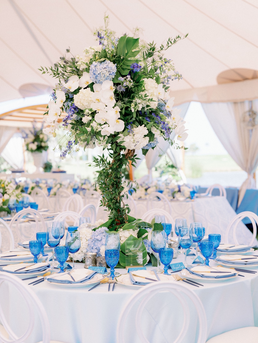 blue and white tall centerpieces