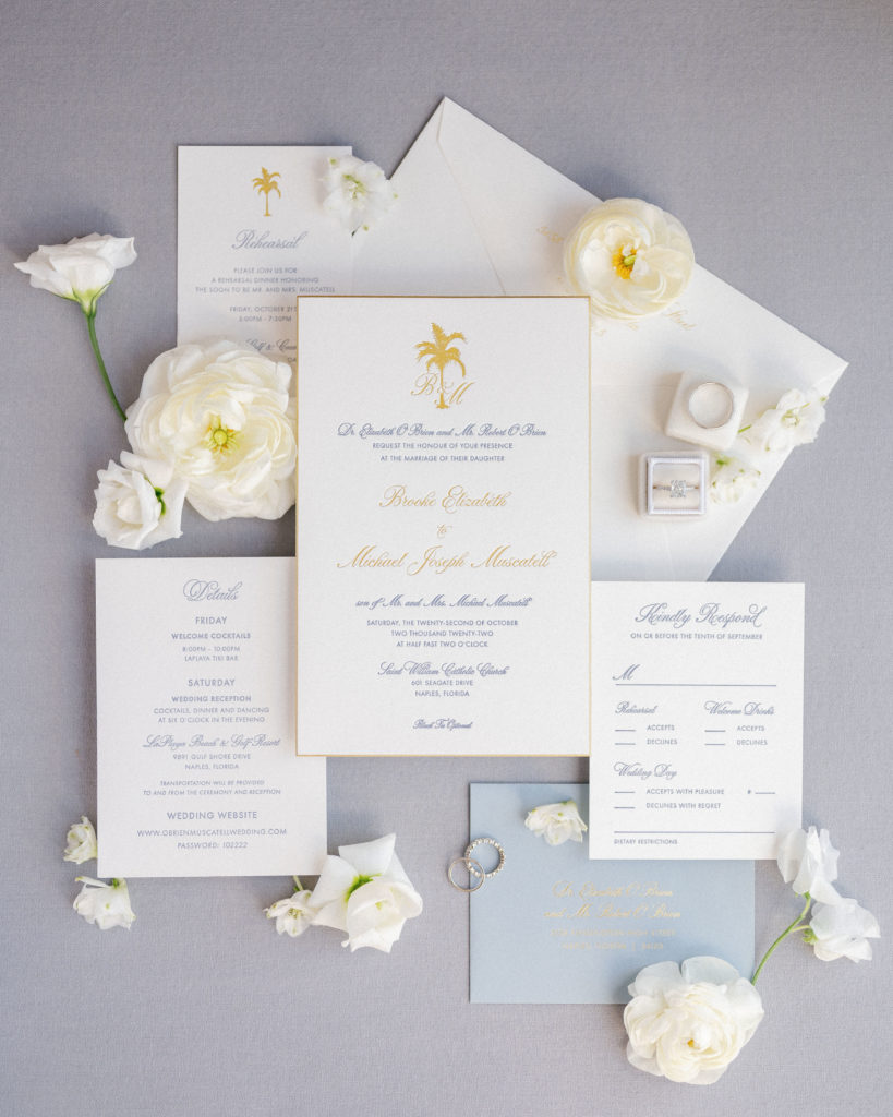 Wedding invitations with gold accents and monogram. 