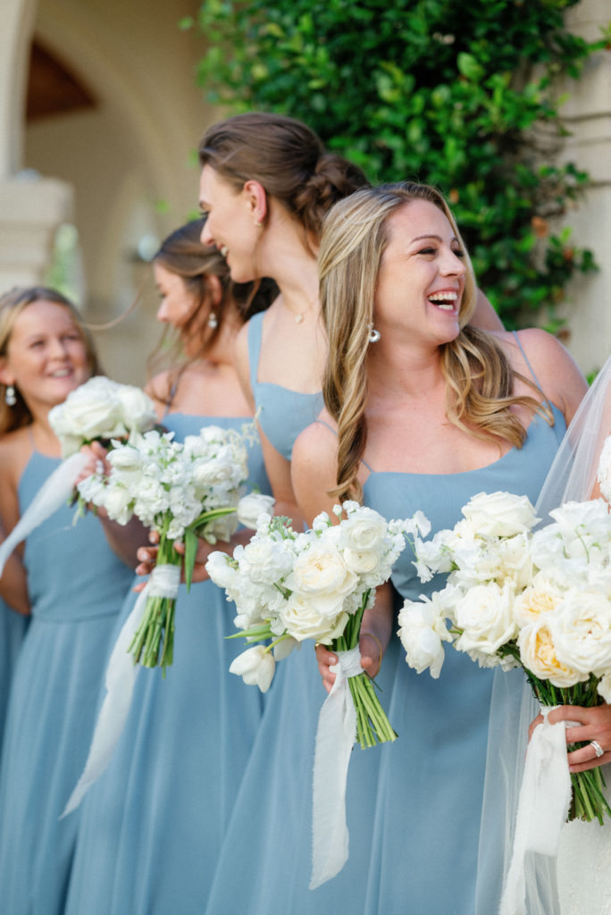bridesmaids in blue with white bouquet, Naples, FL wedding