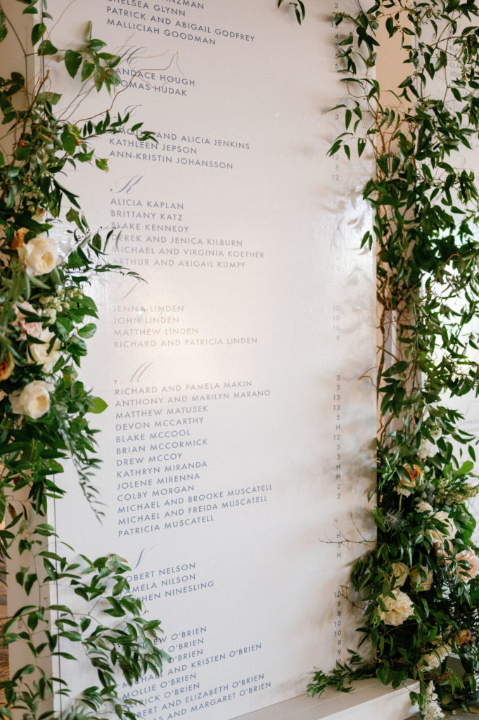 Wedding seating chart with greenery accents, LaPlaya Beach Resort indoor wedding
