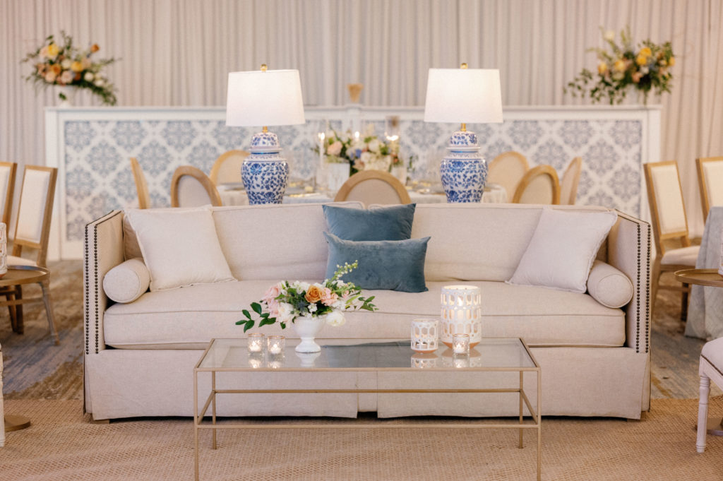 Cream, blue and gold wedding lounge, indoor reception at LaPlaya