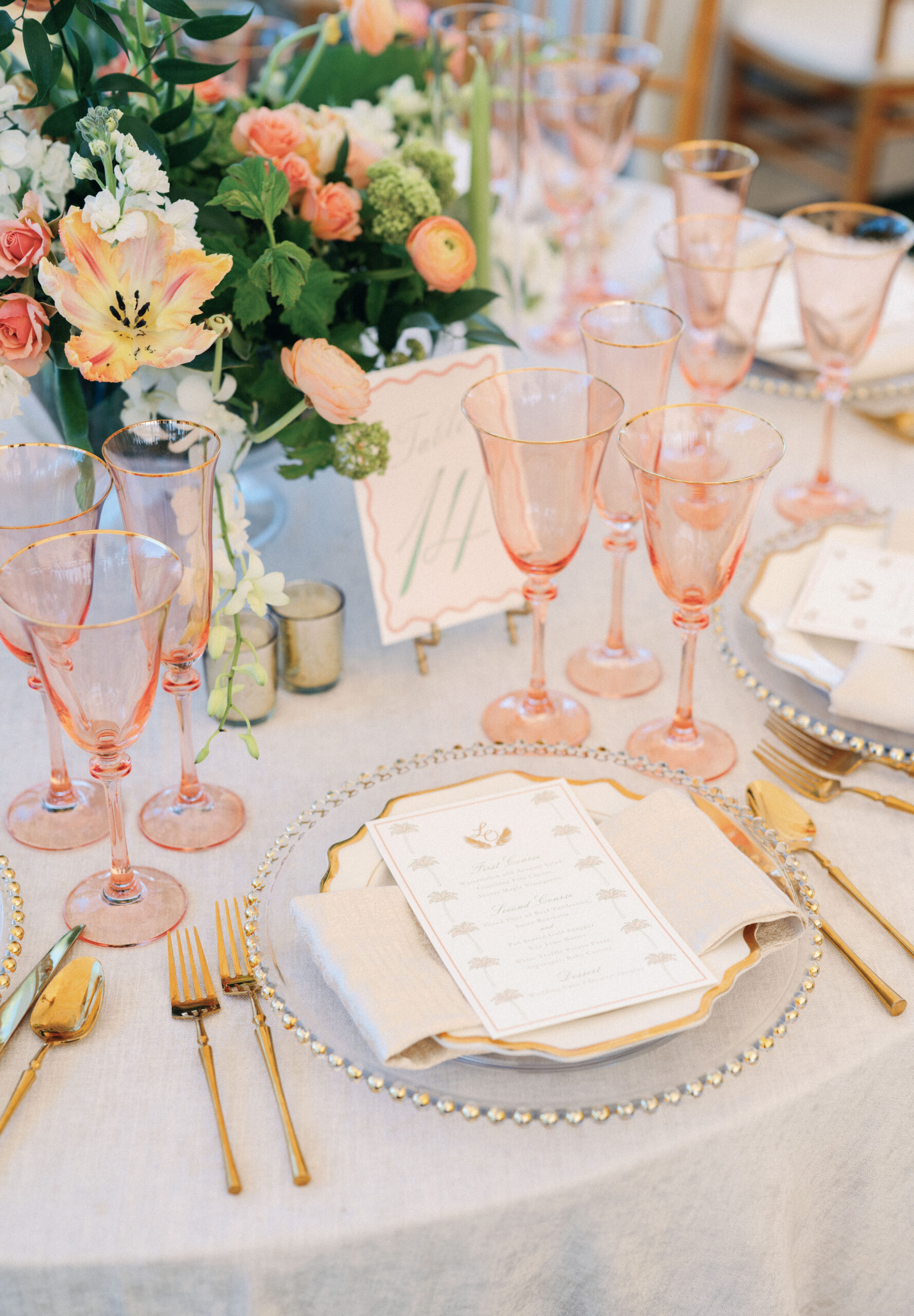 blush and gold wedding tabletop design, Gasparilla Club tented wedding