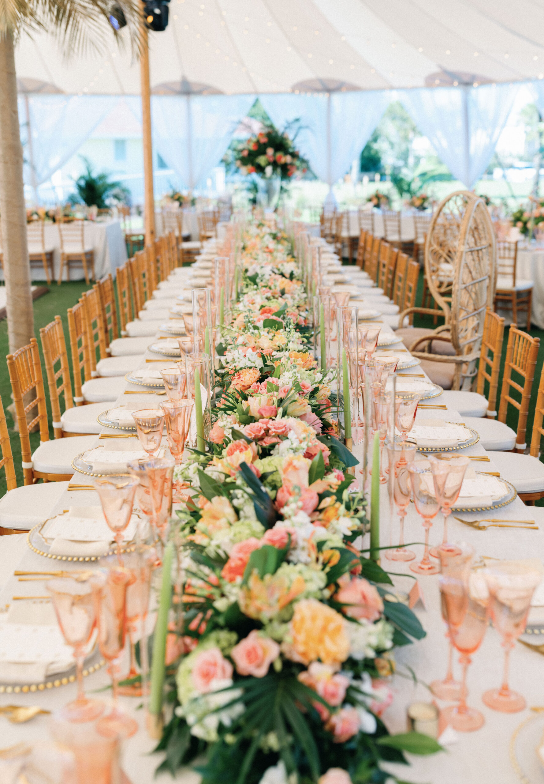 tropical inspired wedding florals, tented reception at Gasparilla Club