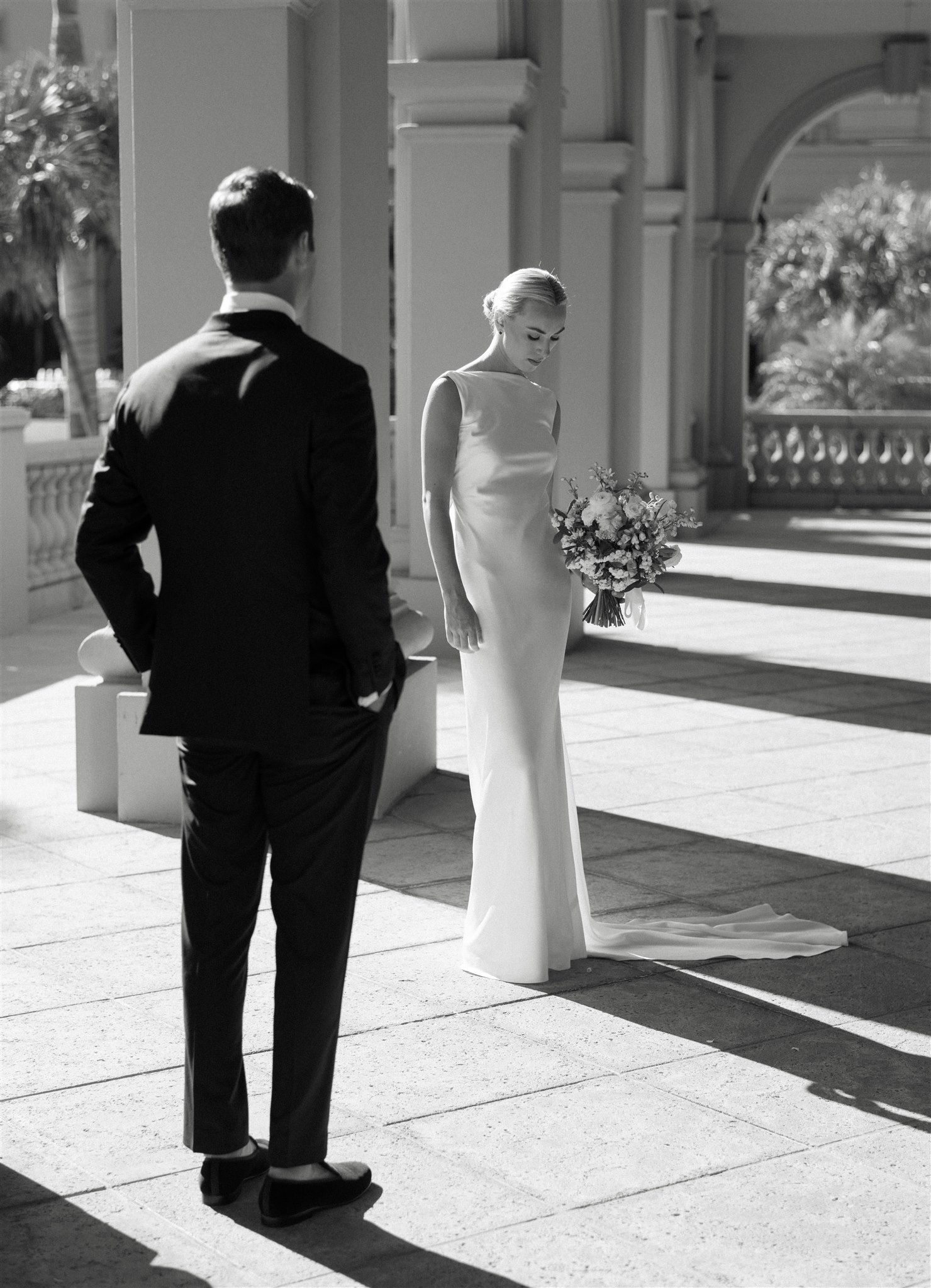 Black and white portrait of bride and groom