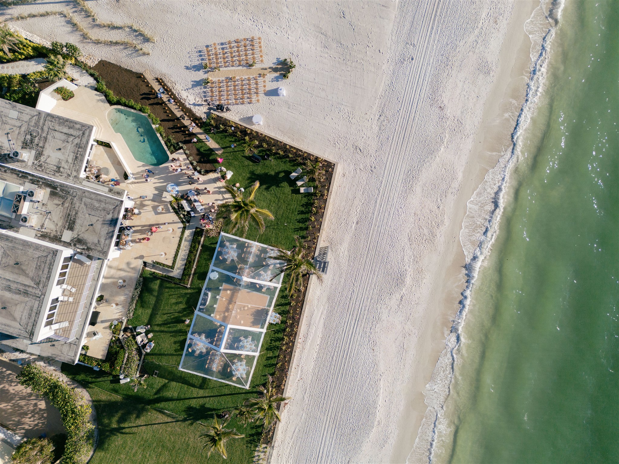 An aerial shot of a seaside private estate wedding in Naples, Florida.